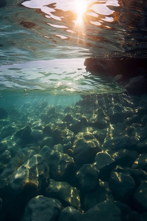 Underwater view of the sea with stones and sun on the horizonの素材