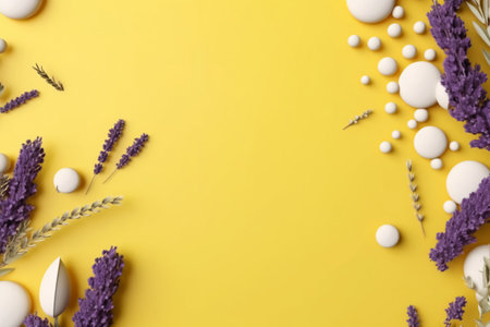 Flat lay composition with Easter eggs and lavender flowers on color backgroundの素材