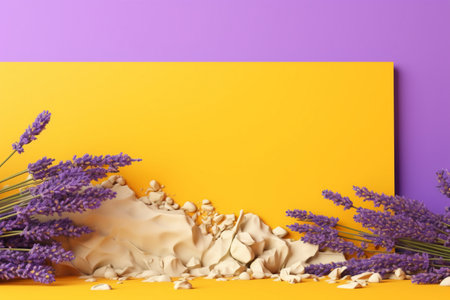 Abstract composition with lavender flowers on color background. 3d renderの素材