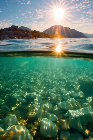 Underwater view of the sea and mountains at sunset. Natural backgroundの素材