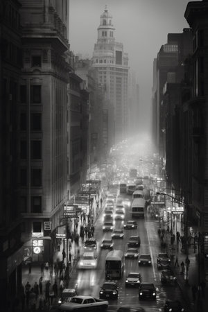 Black and white photo of the streets of the city in the fogの素材