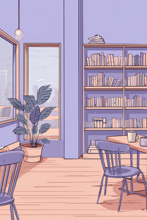 Illustration of a cozy living room with a bookcase, a chair and a tableの素材