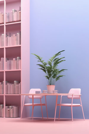 Interior of modern living room with pink bookshelf, table and chair. 3d renderの素材