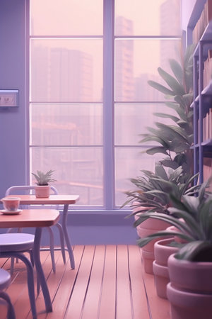 interior of a cafe with a view of the skyscrapersの素材