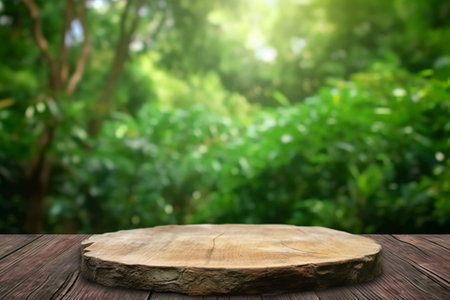 Empty wood table top and blur green nature background. For product displayの素材