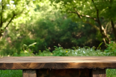 Wooden table in front of blurred nature background. For product displayの素材