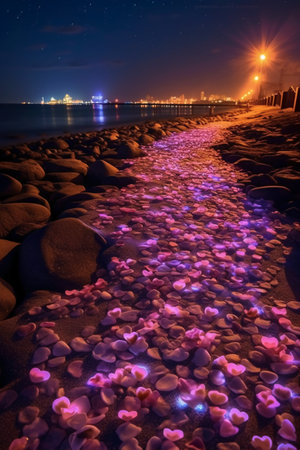 Beautiful night seascape with glowing pink stones on the foreground.の素材