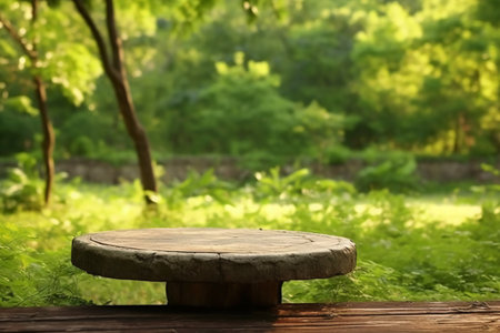 Empty wooden table in front of blurred forest background. For product displayの素材