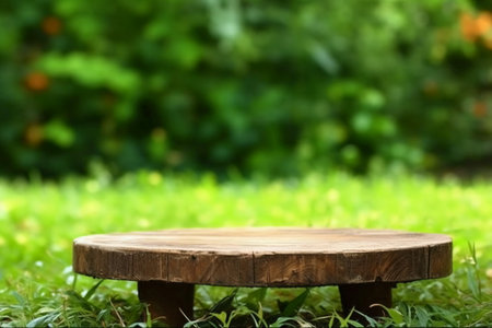 Empty wooden table on green grass background. For product display montageの素材