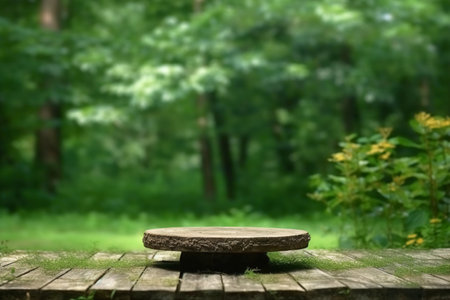 Empty wooden table in front of blurred forest background. For product displayの素材