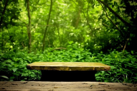 Empty table for product display montages in the forest with bokeh backgroundの素材