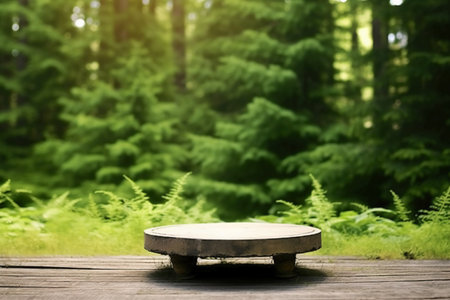 Empty wooden table and green forest background. Ready for product display montageの素材