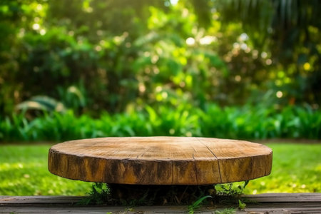 Empty top of wooden table and green garden background. For product displayの素材