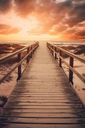 Wooden boardwalk leading to sandy beach at sunset, Baltic Sea, Polandの素材