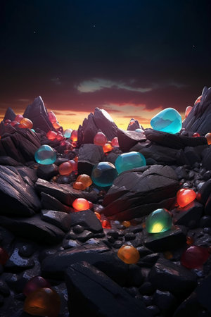 colorful stones on the beach at night with a beautiful sky in the backgroundの素材