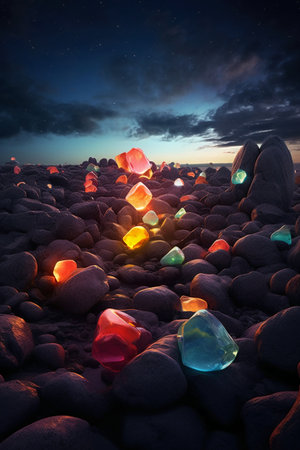 Colorful glass stones on the beach at night. 3d renderingの素材