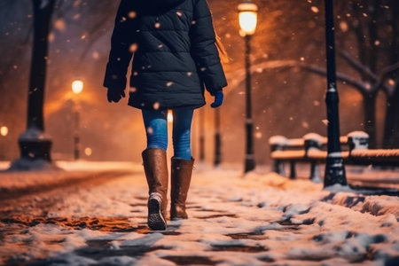 A man in winter clothes walks through the snow-covered city at night.の素材