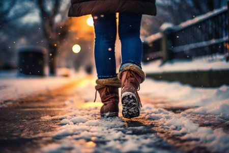 Woman walking in the snow on a cold winter day. Girl in boots and jeansの素材