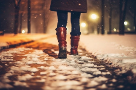 Woman walking in winter park at night. Female legs in red boots on snowy road.の素材