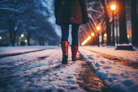Woman walking in winter park at night with snowflakes. Female legs in warm boots.の素材