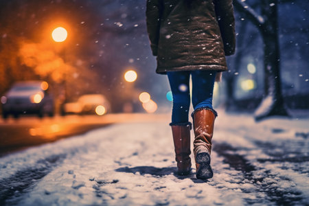 Woman walking on a snowy street at night in winter, close-upの素材
