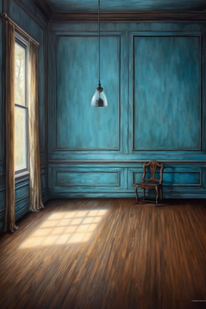 Interior of an empty room with blue walls and a wooden floorの素材