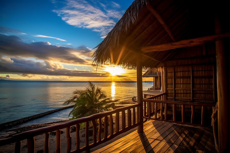 Beautiful sunset over the sea at the bungalows on the beachの素材
