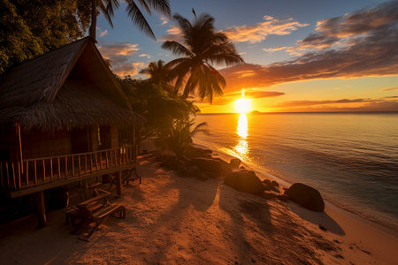 Beautiful sunset on the tropical beach with palm trees and bungalowsの素材