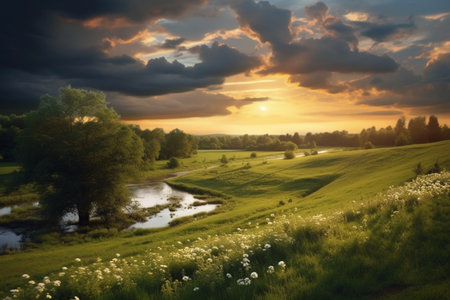 Beautiful summer landscape with meadow and river at sunset, Polandの素材