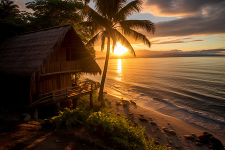 Beautiful sunset over the sea with a hut on the beach.の素材