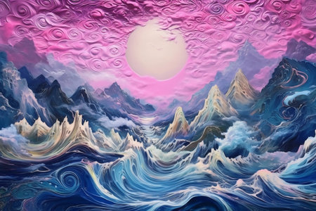 Abstract fantasy landscape with mountains, clouds and sun. Digital painting.の素材