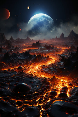 Fantasy alien planet. Mountain and moon. 3D illustration.の素材