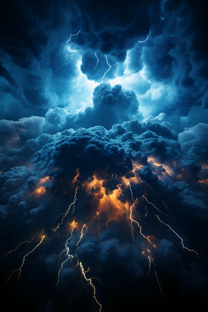 Lightning in stormy sky, 3D illustration. abstract backgroundの素材