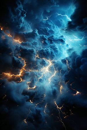 Lightning in the night sky. Thunderstorm. Abstract background.の素材