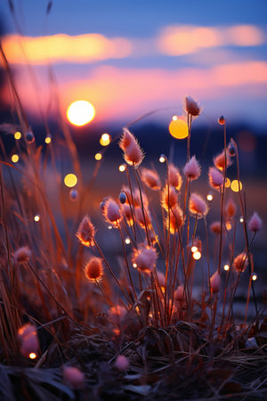 Flowering grass on the background of the setting sun in the eveningの素材