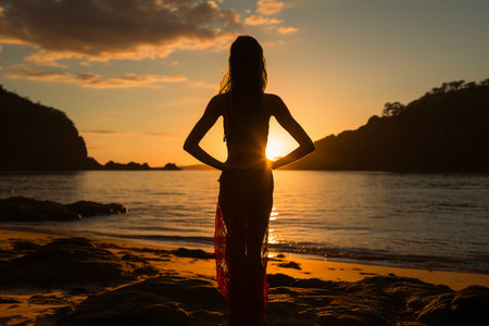 Silhouette of a young woman on the beach at sunset.の素材