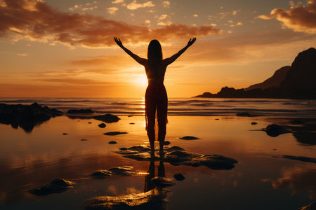 Silhouette of young woman with raised hands on the beach at sunsetの素材