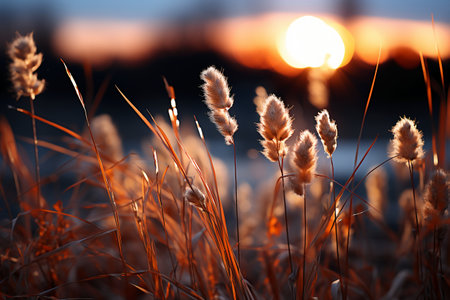 Beautiful golden reed flowers in the field at sunset. nature backgroundの素材