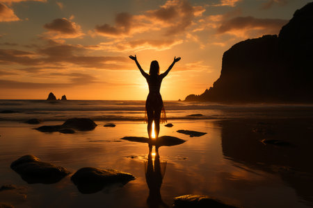 Silhouette of a young woman at sunset on the beach.の素材