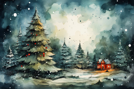 Winter scene with christmas tree and house. Watercolor painting.の素材