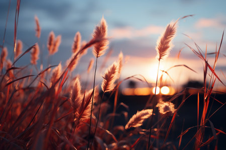 Beautiful grass flower in the field at sunset. Nature background.の素材