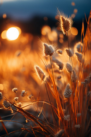 Sunset over a field of tall grass in the rays of the setting sunの素材