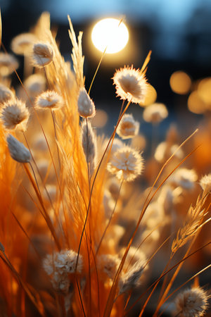 Beautiful dry grass on blurred background with bokeh effect.の素材