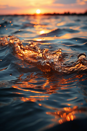 Sunset on the lake with water splashes and drops of water.の素材