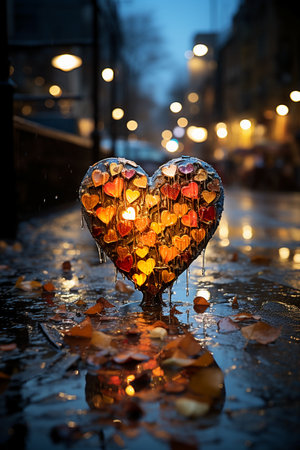 Heart shaped lamp in the rain on a city street at night.の素材