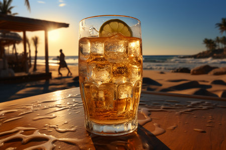 Cocktail with ice and lemon on the beach in the eveningの素材