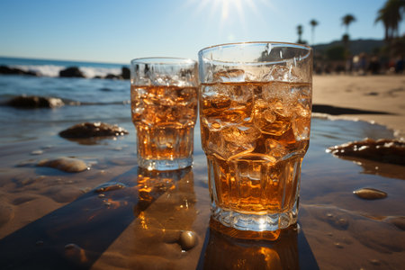 Two glasses of whiskey with ice cubes on the beach at sunset.の素材
