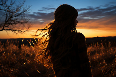 Beautiful young woman with long hair in the field at sunset.の素材