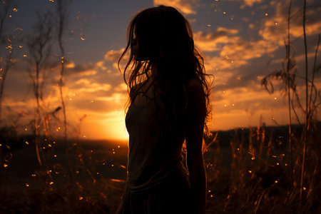 Silhouette of a beautiful young woman in a field at sunsetの素材