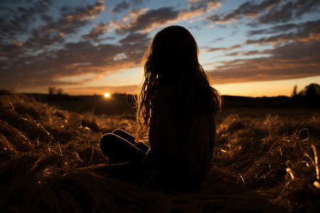 Silhouette of a girl sitting in a wheat field at sunsetの素材